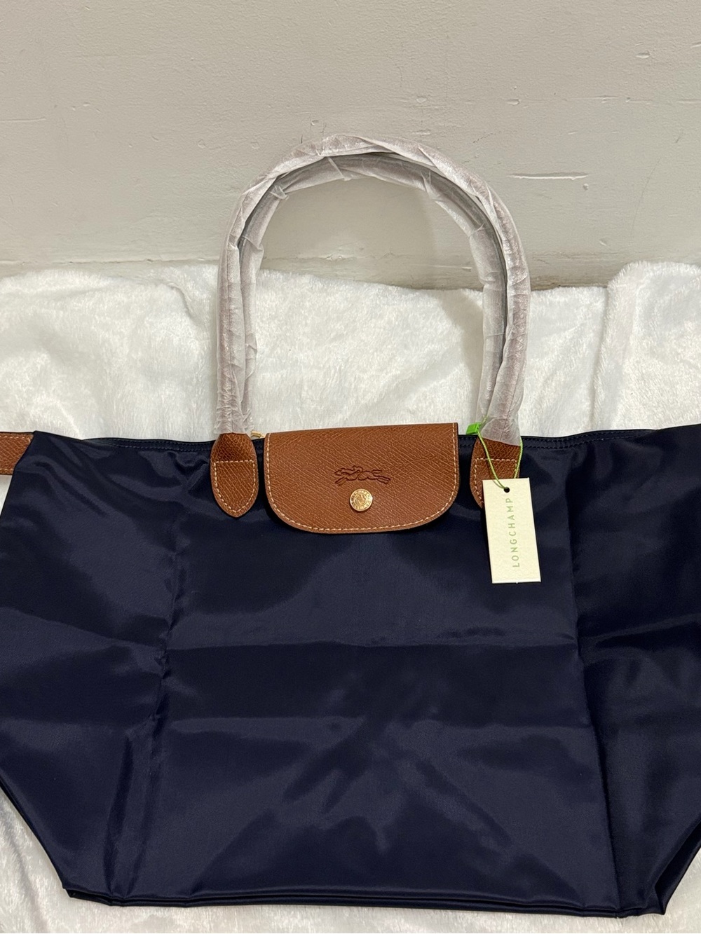Longchamp Navy Nylon Tote with Brown Leather Trim